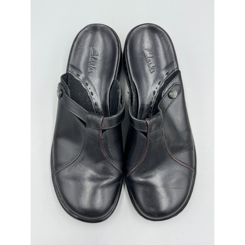 Clarks Black Leather Mules Clogs Wedge Slip On Shoes Women 8.5 M